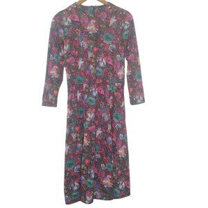 Vintage Sue Sherry ILGWU Womens Size 10 Dress Polyester Knit Floral Gold Button